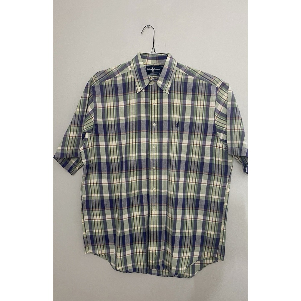 Vtg Polo Ralph Lauren Short Sleeve Shirt Men's Large Plaid Button Up Made in USA - Picture 1 of 8